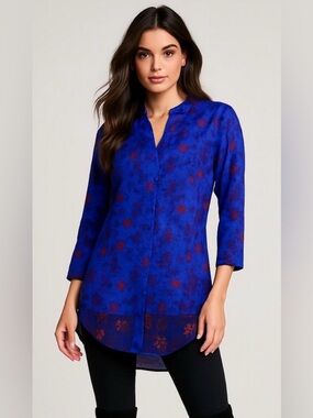 BENARES Floral, Color Block Blouse, Blue, Black, Pink, Size S